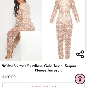 Pretty Little Thing Rose Gold Tassel Sequin Plunge Jumpsuit Size 6